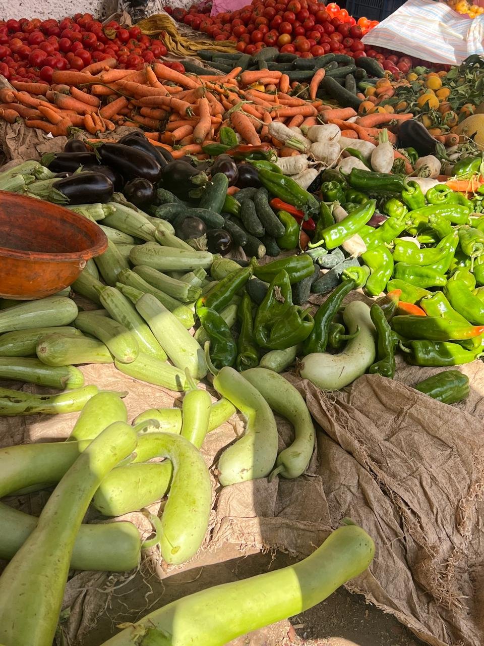 Produce stalls at a rural market near Essaouira